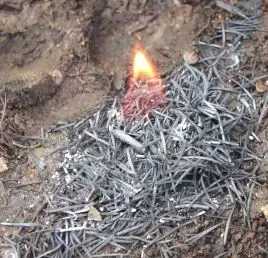 Charred Pine Cone Needles - What Else Can You Turn Into Char? Beyond Char Cloth Experiment - When it comes to charring materials into tinder, cotton, wool and punk wood work really well but may not be available; so what else can you turn into char?