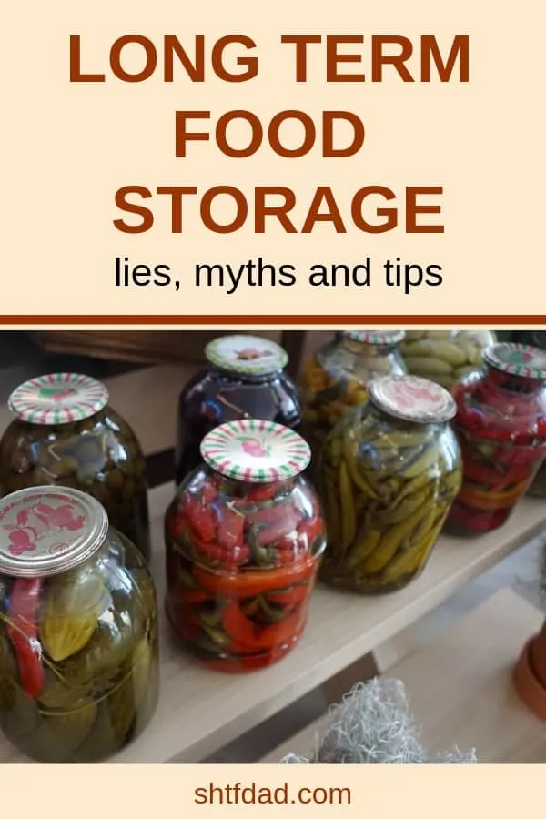 Want to learn ways to store food long term for emergencies? These food storage tips will help put meals on the table in times of need. A mixture of dry and canned goods in sealed containers on shelves in your pantry will help you stay organized and stress free. #shtf #preparedness #survival #foodstorage #longtermfoodstorage #shtfdad