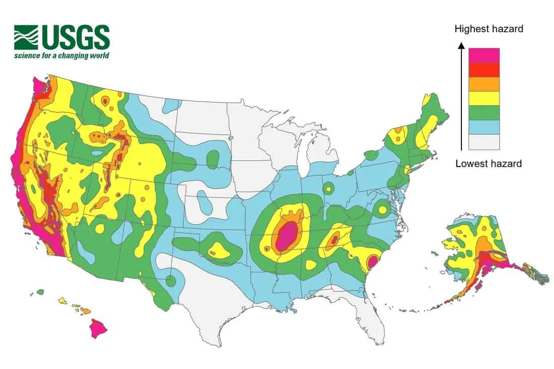 Preparing for Climate Change - Map of areas in the US that are most likely to experience an earthquake in the next 50 years.