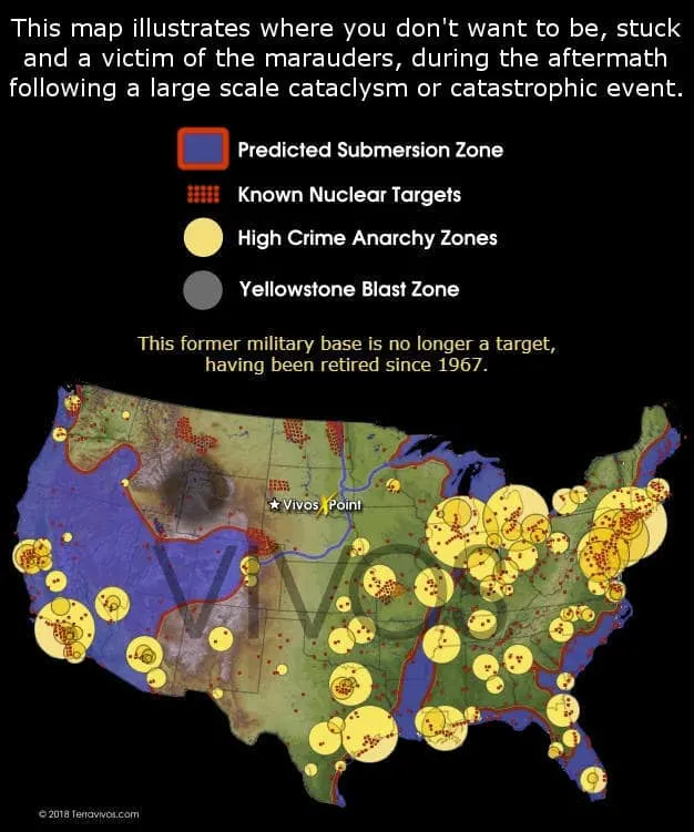 This map illustrates where you don't want to be, stuck and a victim of marauders during the aftermath following a large scale cataclysm or catastrophic event. #terravivos #nucleartargets #blastzone #cataclysm #bunkers #shtf #preparedness