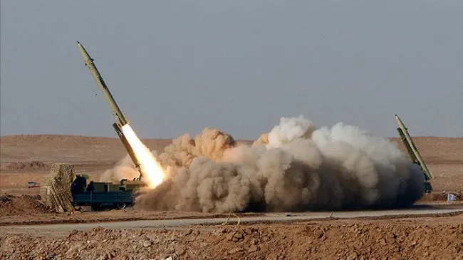 A single-stage solid-propellant, surface-to-surface Fateh (Victor) missile is launched during the Great Prophet 7 missile drill in Semnan, central Iran