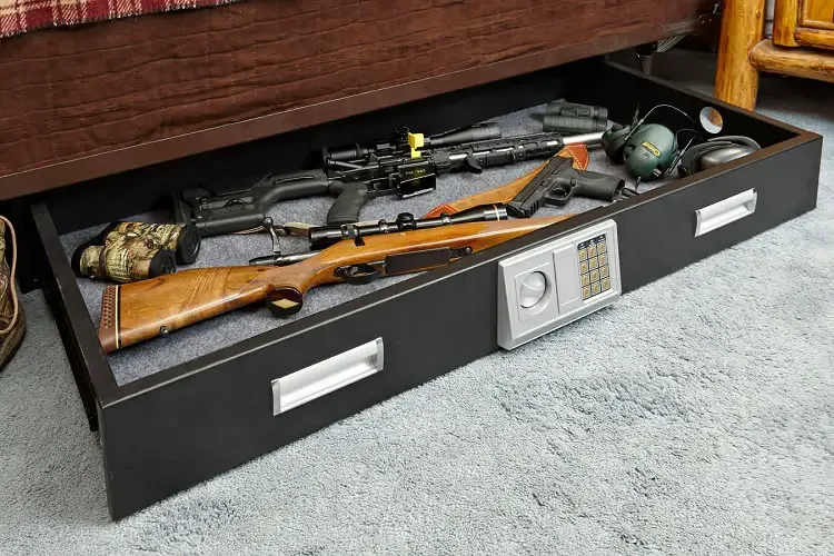 Safely stored firearms with lock under bed